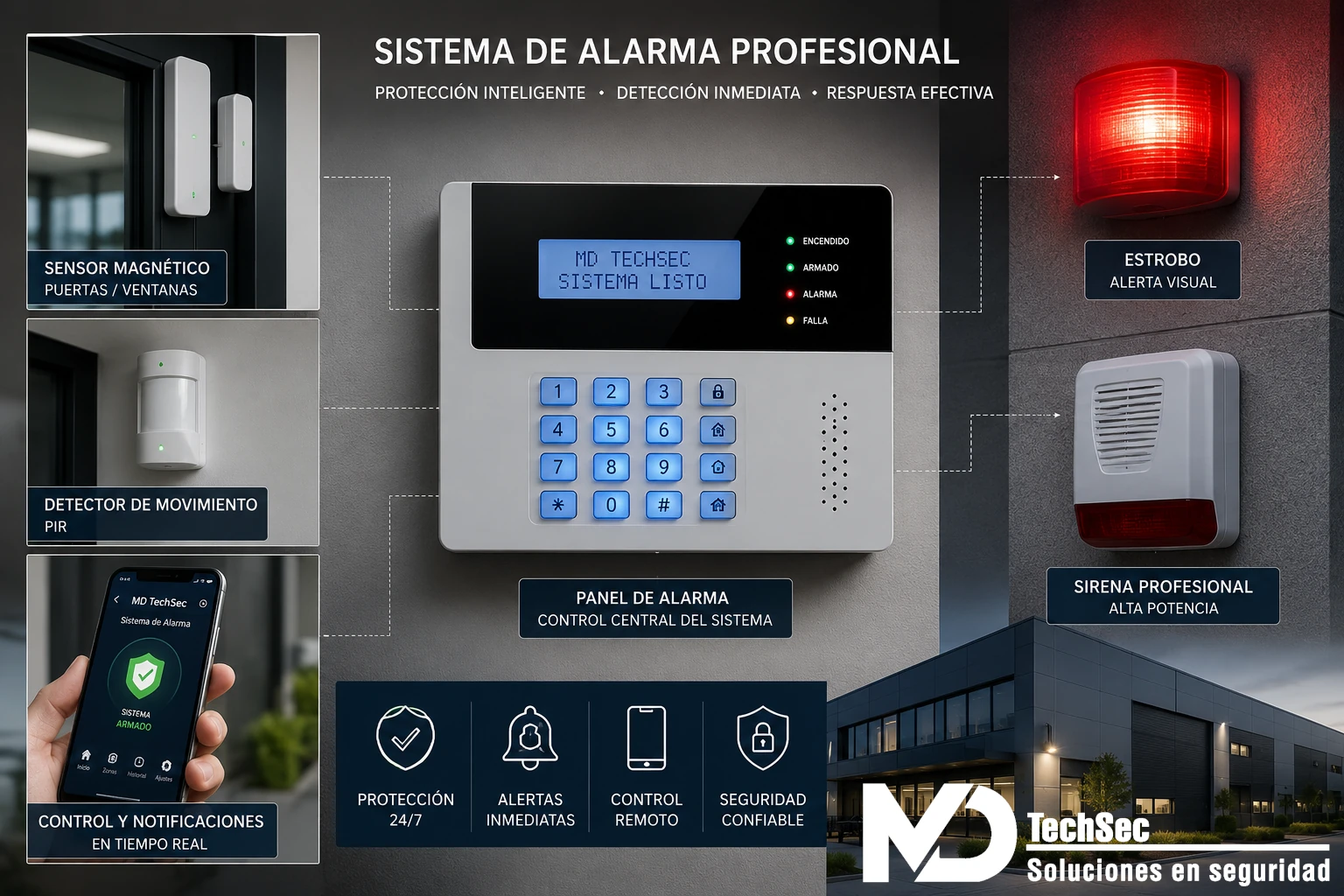 Sistema de alarma profesional para empresas con panel de control, sensores PIR, sirena y estrobo de seguridad — MD TechSec